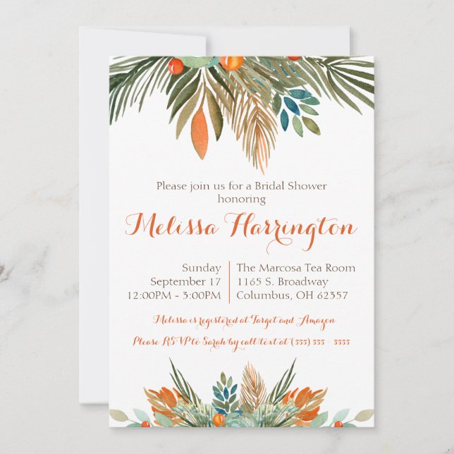 Orange, Green, and Brown Floral Bridal Shower  Invitation (Front)