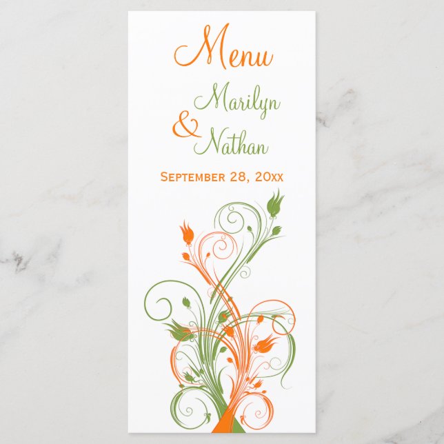 Orange, Green, and White Floral Menu Card (Front)