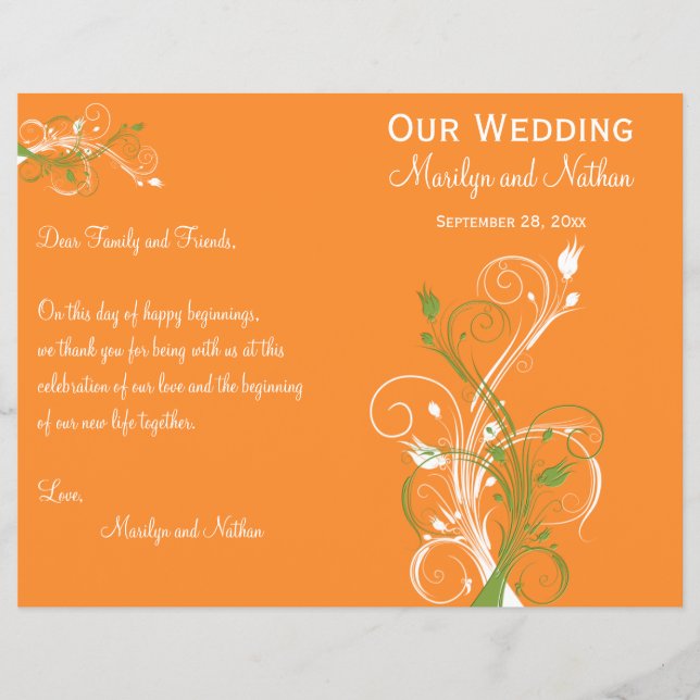 Orange, Green, and White Floral Wedding Program (Front)