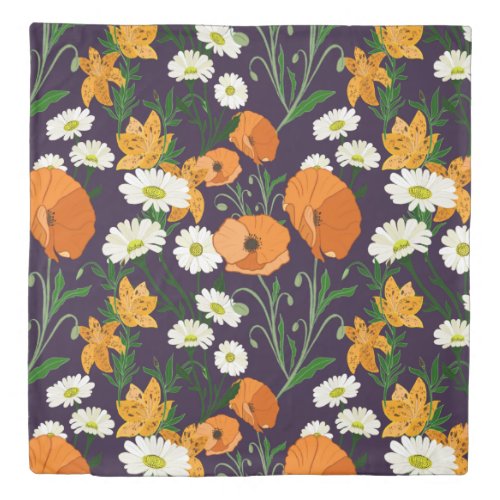 Orange green and white poppies and daisies duvet cover