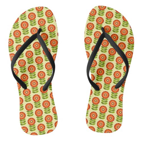 Orange Green And Yellow Retro Flower Pattern Flip Flops