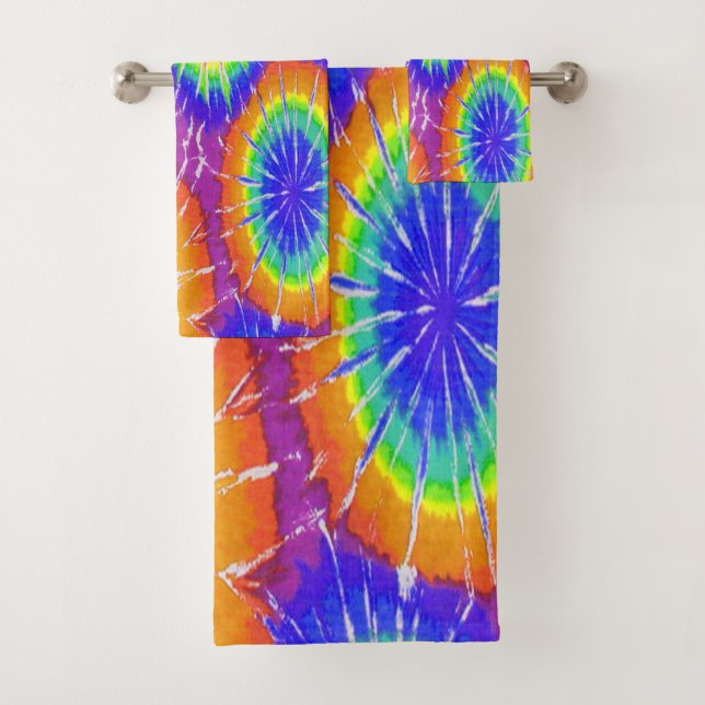 Orange green and yellow tie dye bath towel set (Insitu)