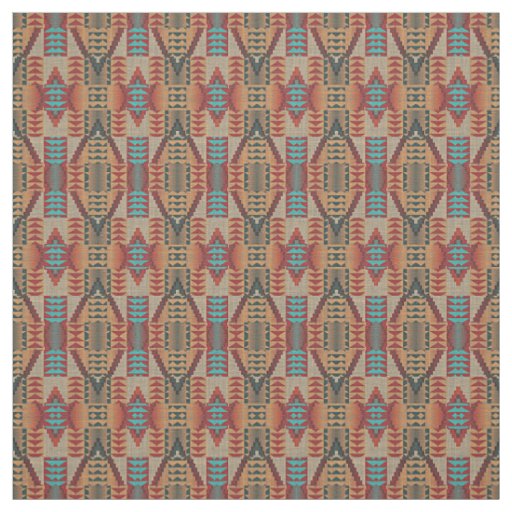 Orange Green Aqua Turquoise Red Ethnic Mosaic Fabric