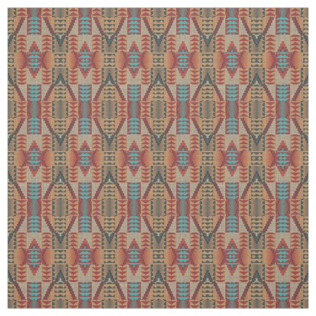 Orange Green Aqua Turquoise Red Ethnic Mosaic Fabric (Swatch)