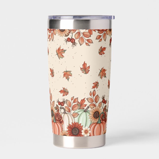 ORANGE & GREEN AUTUMN PUMPKINS & FALL LEAVES INSULATED TUMBLER (Left)
