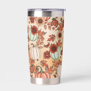 ORANGE & GREEN AUTUMN PUMPKINS & FALL LEAVES INSULATED TUMBLER