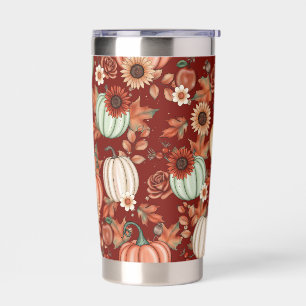 ORANGE & GREEN AUTUMN PUMPKINS & FALL LEAVES INSULATED TUMBLER