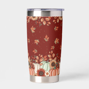 ORANGE & GREEN AUTUMN PUMPKINS & FALL LEAVES INSULATED TUMBLER