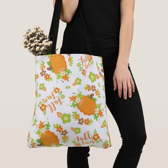 ORANGE & GREEN AUTUMN TURKEYS & FLOWERS TOTE BAG (Close Up)