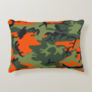 Orange, Green, Black Camo Camouflage Accent Pillow