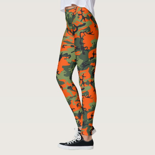 Orange, Green, Black Camo Camouflage Leggings (Left)