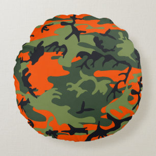 Orange, Green, Black Camo Camouflage Round Pillow