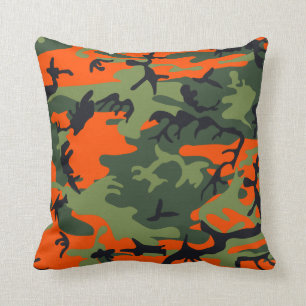 Orange, Green, Black Camo Camouflage Throw Pillow
