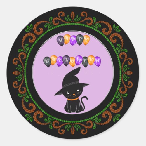 Orange Green Black Cat Happy Halloween Balloons Classic Round Sticker