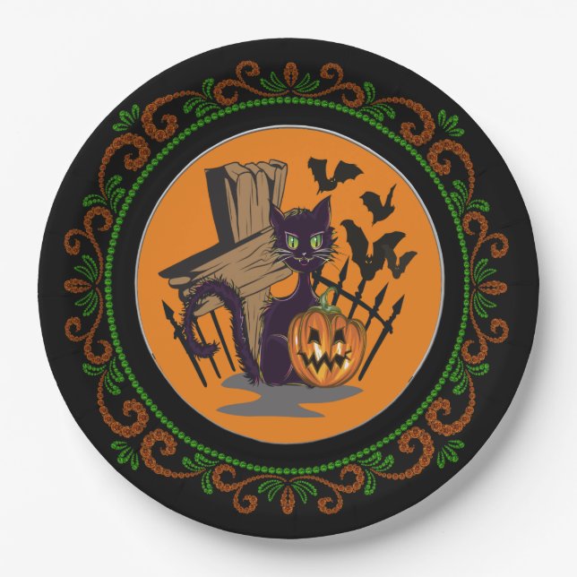 Orange Green Black Cat Tombstone Bats Halloween Paper Plates (Front)