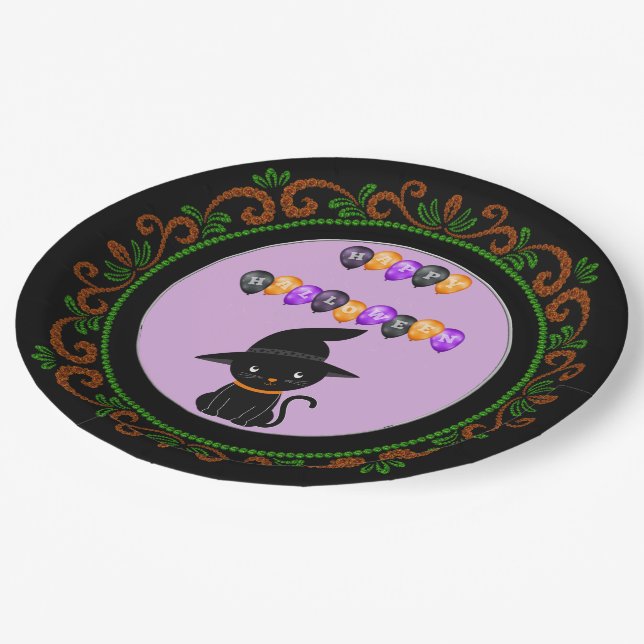 Orange Green Black Cat Witch Hat Happy Halloween Paper Plates (Angled)