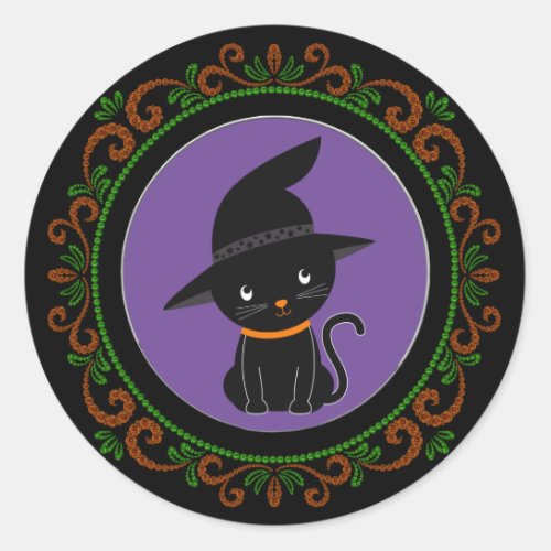 Orange Green Black Cat With A Witch Hat Halloween Classic Round Sticker