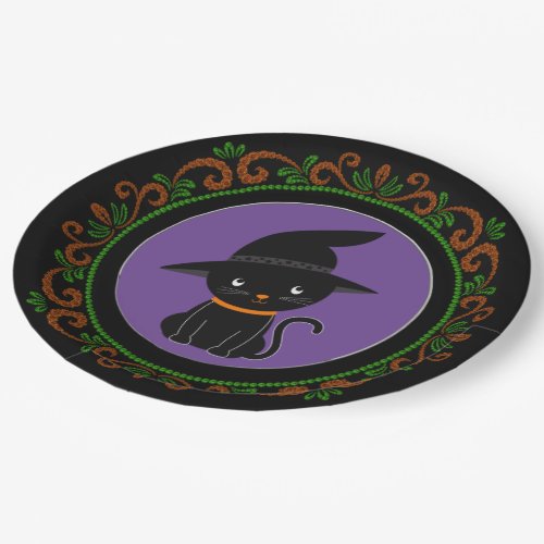 Orange Green Black Cat With A Witch Hat Halloween Paper Plates