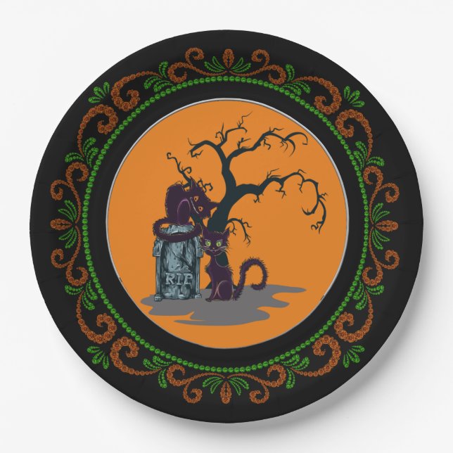 Orange Green Black Cats Tombstone Tree Halloween Paper Plates (Front)