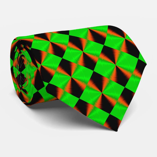 Orange Green Black Diamond Pattern Neck Tie (Rolled)