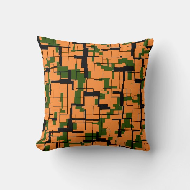 Orange Green Black Digital Camo Pattern Throw Pillow (Front)