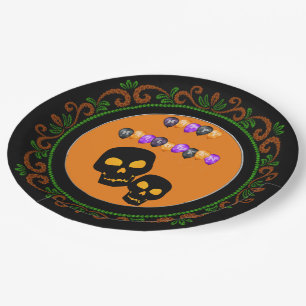 Orange Green Black Skulls Happy Halloween Balloons Paper Plates