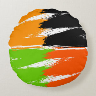Orange Green Black White Brush Stroke Paint Round Pillow