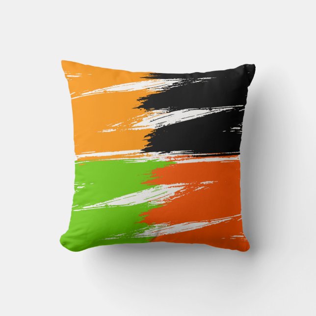 Orange Green Black White Brush Stroke Paint Throw Pillow (Front)