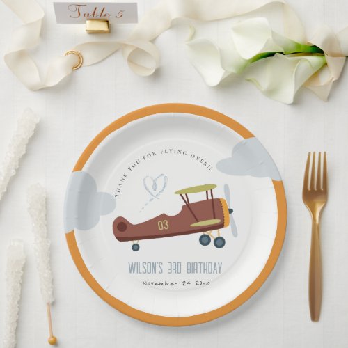 Orange Green Blue Biplane Cloud Heart Birthday Paper Plates