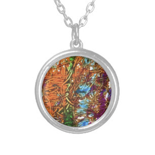 Orange, Green, Blue, Purple Marble Artwork Silver Plated Necklace