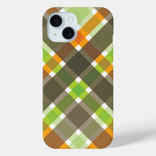 Orange Green Brown Plaid Simple Fun Checks Pattern iPhone 15 Case