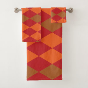 Orange Green Checkered Diamond  Bath Towel Set