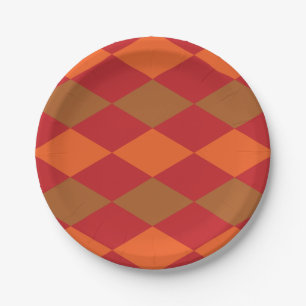 Orange Green Checkered Diamond Pattern Party Paper Plates
