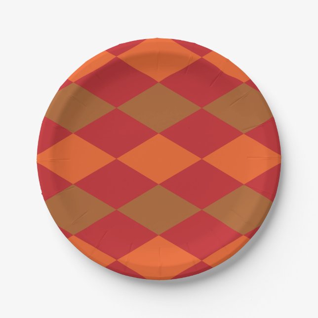 Orange Green Checkered Diamond Pattern Party Paper Plates (Front)