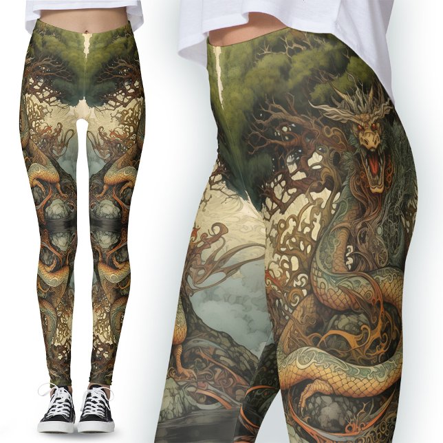 Orange Green Chinese Nature Tree Dragon Tattoo  Leggings (Creator Uploaded)