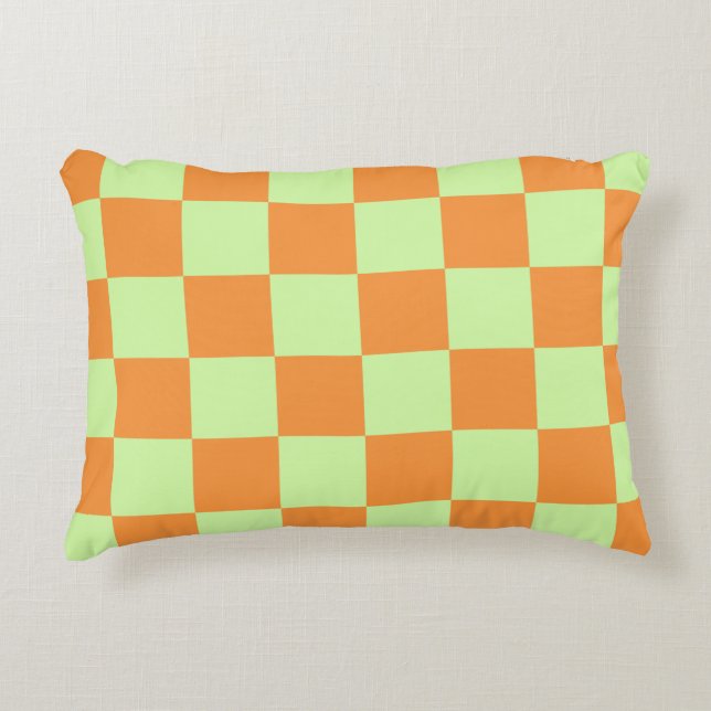 Orange Green Citrus Checkered Gingham Pattern Accent Pillow (Front)