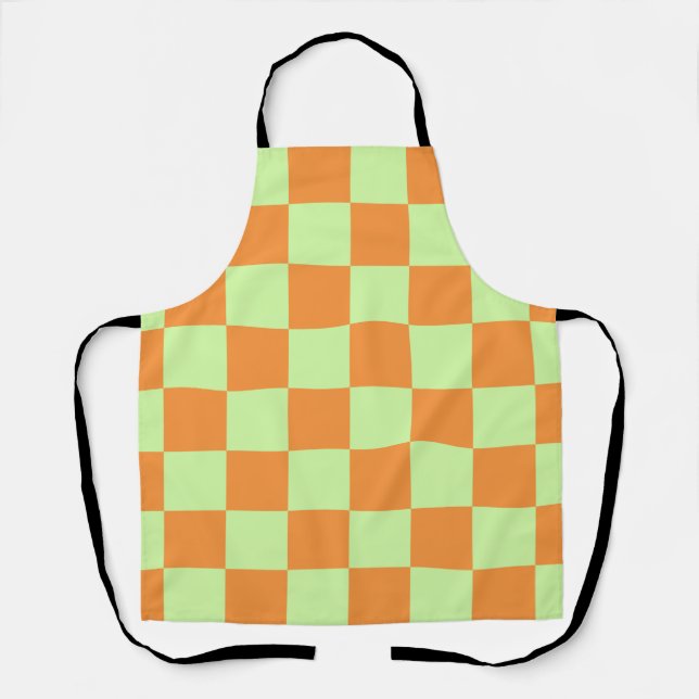 Orange Green Citrus Checkered Gingham Pattern Apron (Front)