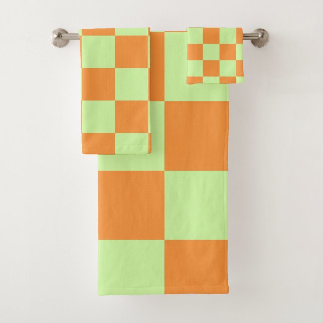 Orange Green Citrus Checkered Gingham Pattern Bath Towel Set (Insitu)