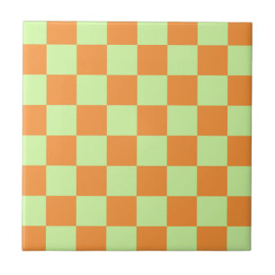 Orange Green Citrus Checkered Gingham Pattern Ceramic Tile
