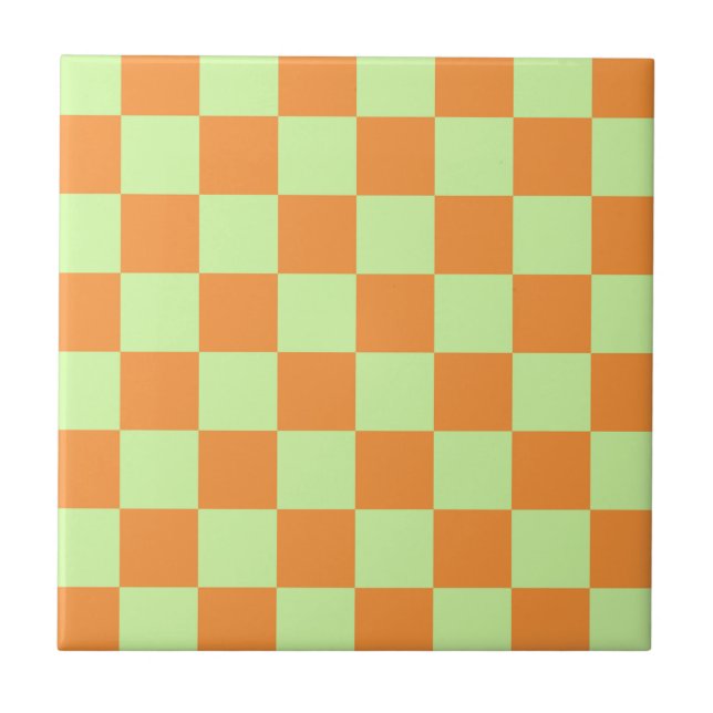 Orange Green Citrus Checkered Gingham Pattern Ceramic Tile (Front)