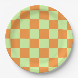 Orange Green Citrus Checkered Gingham Pattern Paper Plates