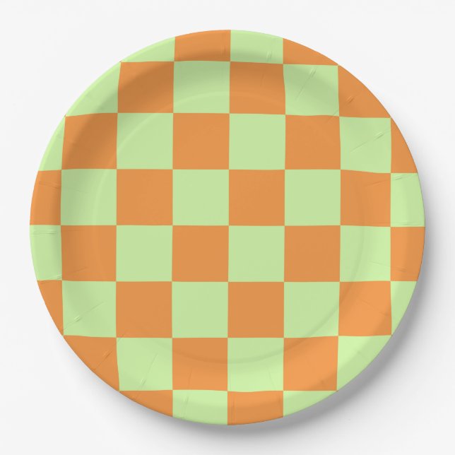 Orange Green Citrus Checkered Gingham Pattern Paper Plates (Front)