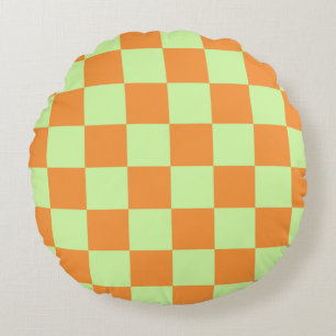 Orange Green Citrus Checkered Gingham Pattern Round Pillow