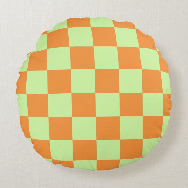 Orange Green Citrus Checkered Gingham Pattern Round Pillow (Front)