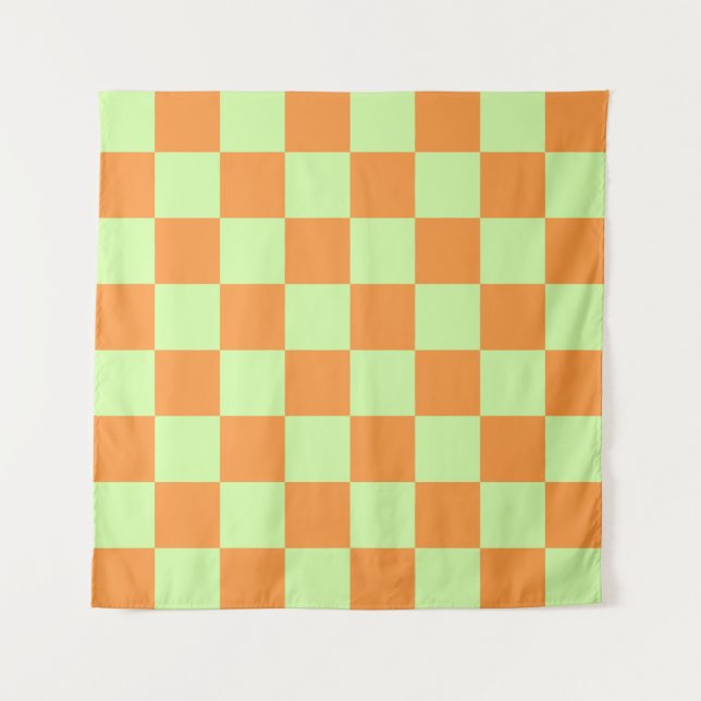 Orange Green Citrus Checkered Gingham Pattern Tapestry (Front)