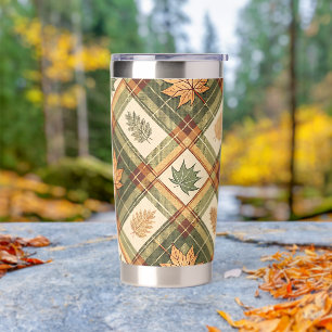 ORANGE GREEN CREAM FALL PLAID WITH AUTUMN LEAVES INSULATED TUMBLER