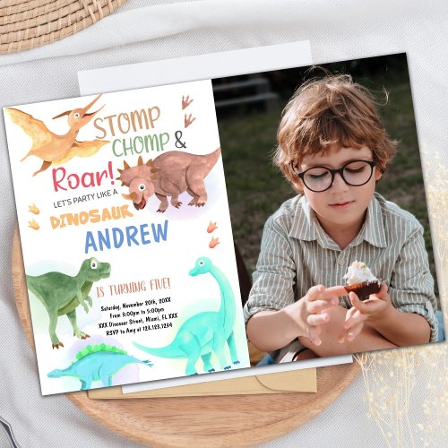 Orange Green Dinosaur Birthday Invitations photo