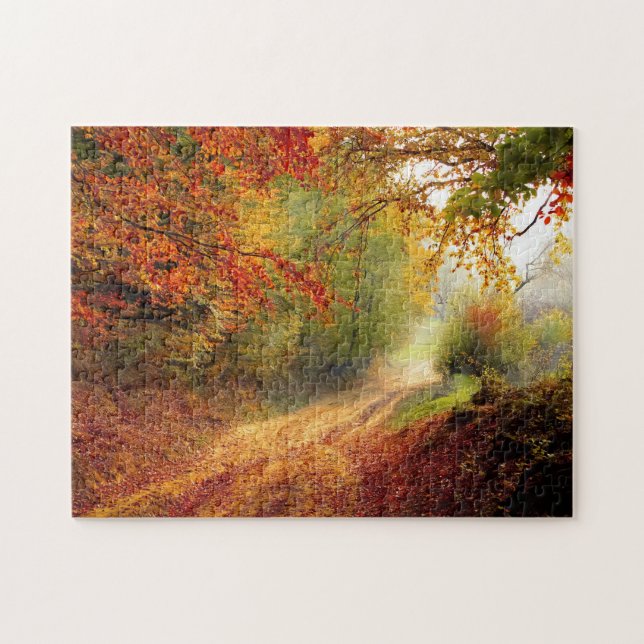 Orange Green Fall Leaves Country Dirt Road Photo Jigsaw Puzzle (Horizontal)