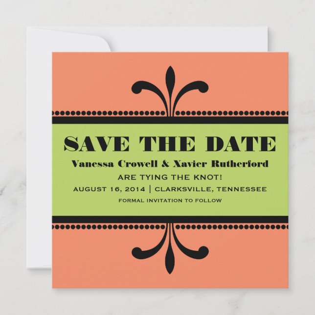 Orange/Green Fancy Art Deco Save the Date Invite (Front)