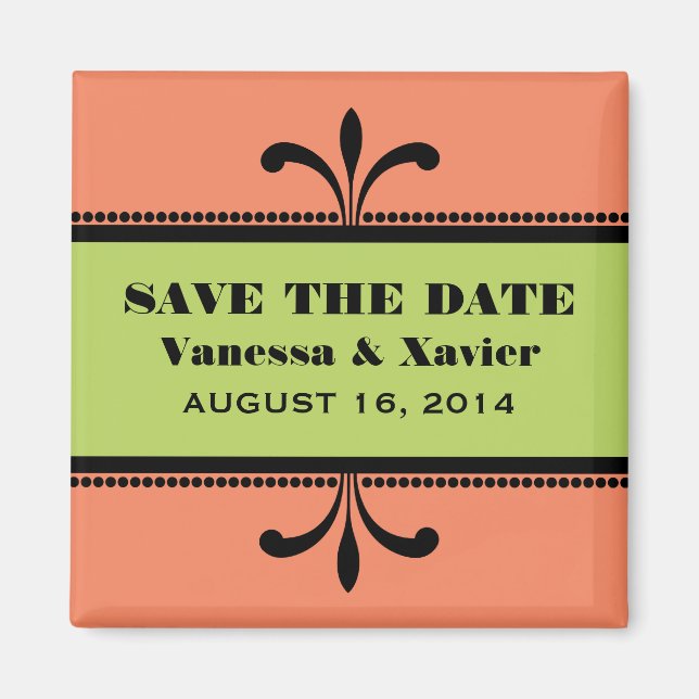 Orange/Green Fancy Art Deco Save the Date Magnet (Front)